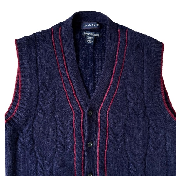 Gant Men’s Cable Knit Sweater Vest Blue Wool Cotton Size Small Hand Framed - Picture 3 of 8